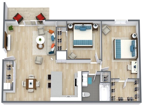 Floor plan for 2 beds, 1 bath, 960 sqft